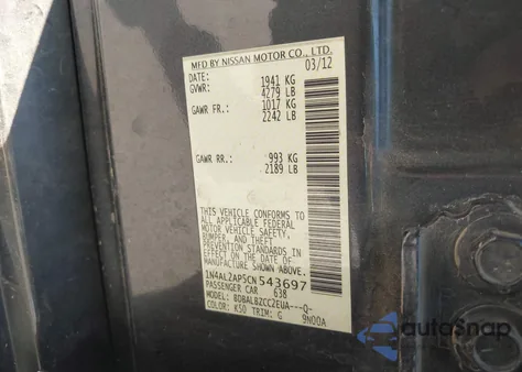 2012 Nissan Altima 2.5 S z USA, uszkodzony, nr VIN 1N4AL2AP5CN543697